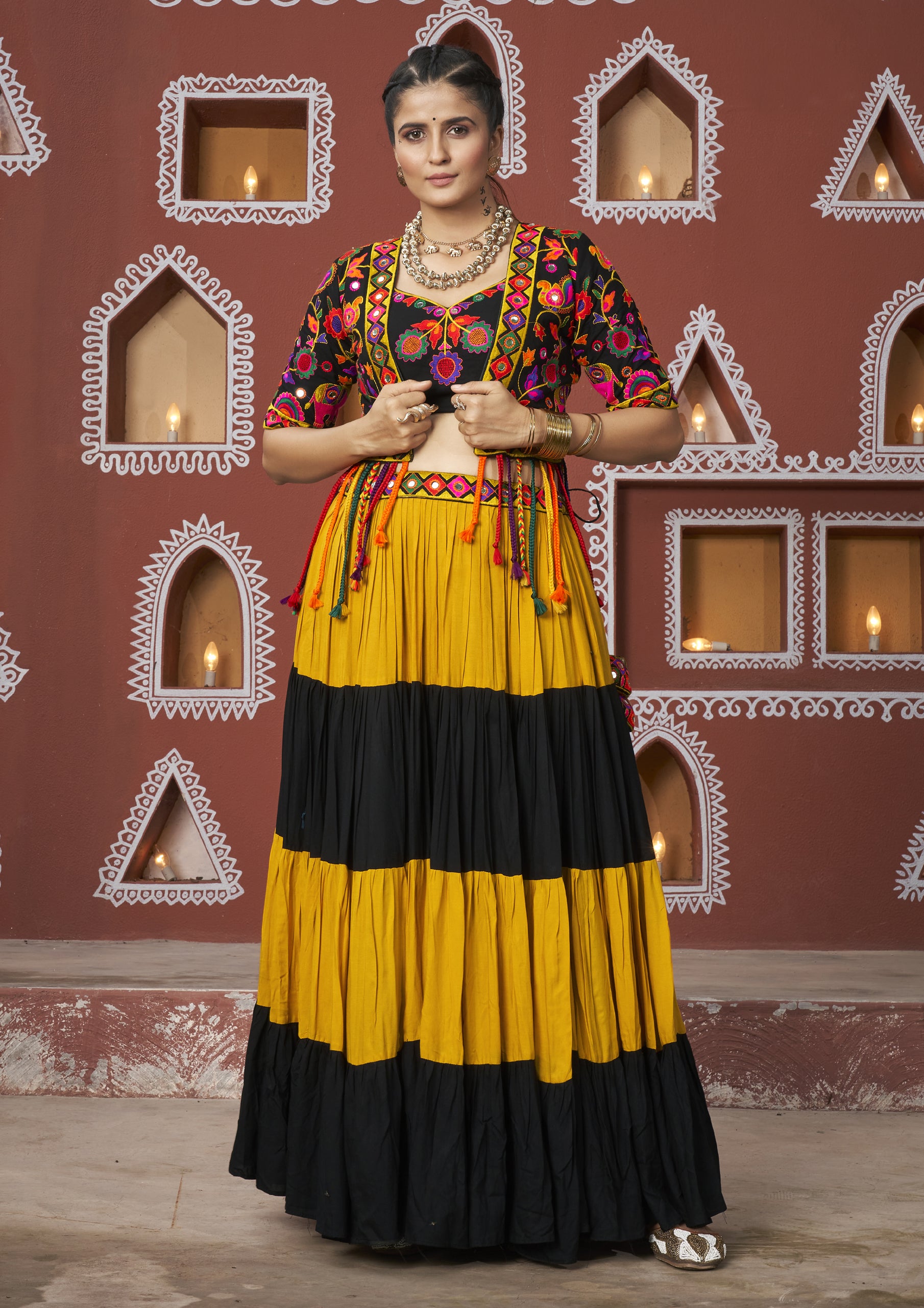 Black And Yellow Color Maska Silk Embroidered Navratri Lehenga With Jacket